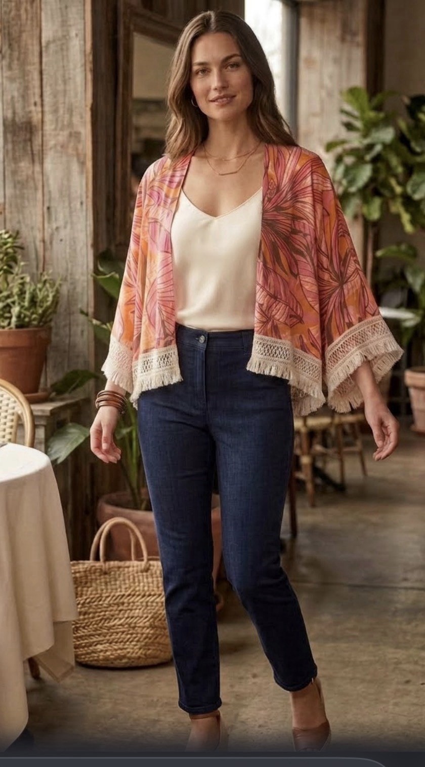 Women’s Tropical Leaf Print Crochet Trim Kimono One Size