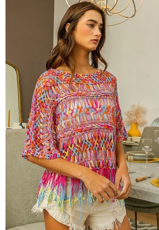 BiBi Open work Fringe Coverup Top Boho In Pinks & Orange Size Large Vacation
