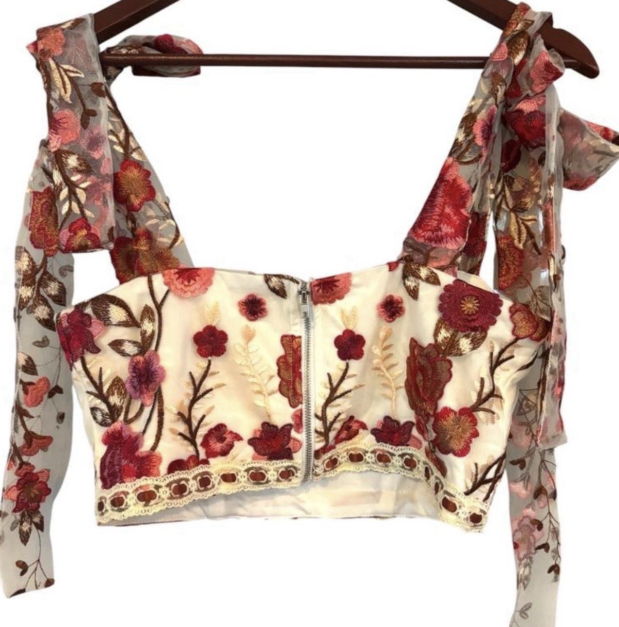 Altar d State Size S Floral Braxlin Embroidered Mesh Tie Strap Cropped Top