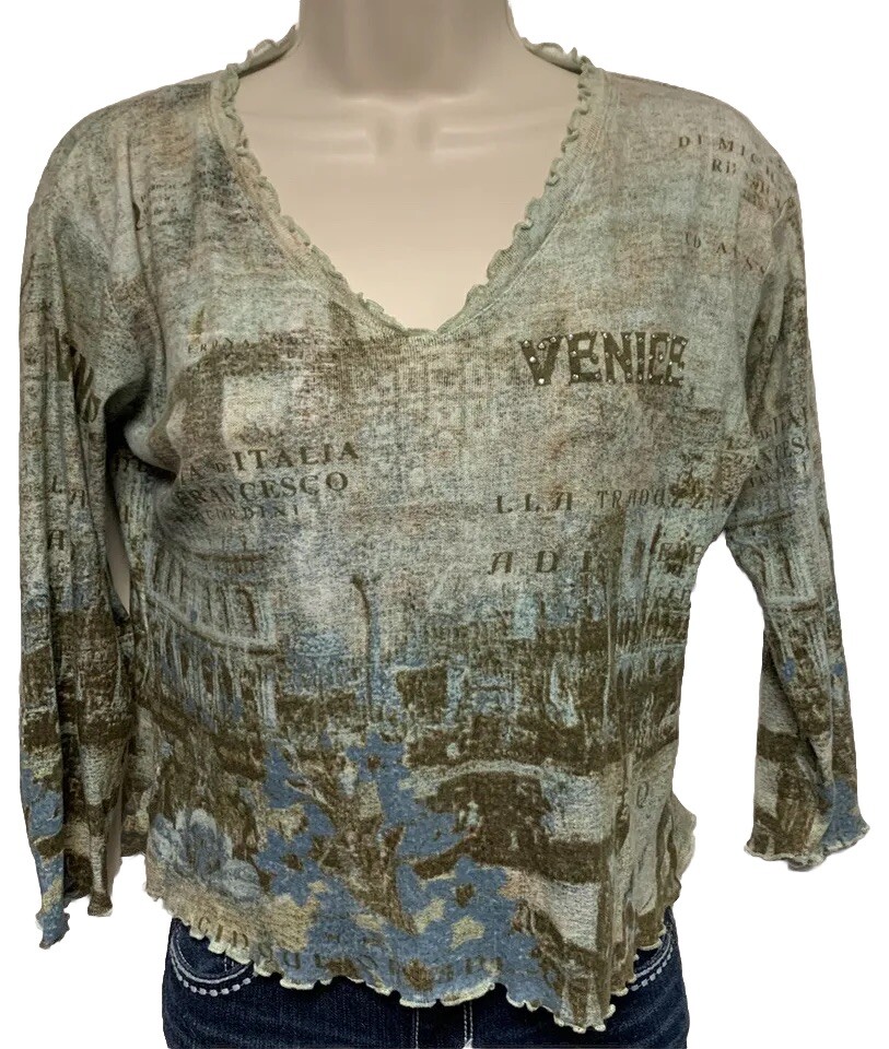 Moda USA T Shirt Womens Small Green Venice Italy Graphic Print V-neck L/S