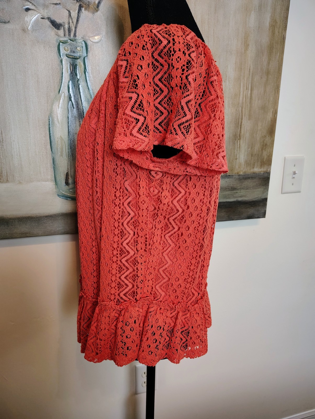 BELLE DU JOUR PEASANT OFF SHOULDER CORAL TOP SHORT SLEEVE LACE LAYERED SZ XL