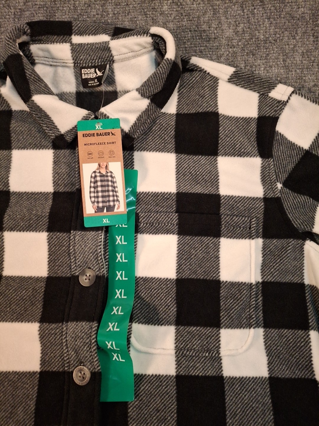 Eddie Bauer Women’s Microfleece Button Up Flannel Shacket, Black Plaid, XL, New
