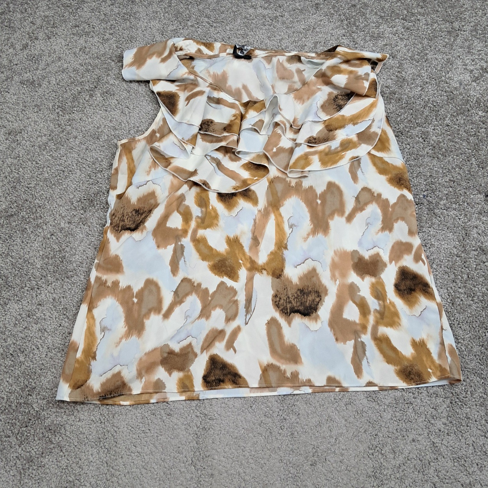 Milano Womens XL Abstract Watercolor Ruffle Neck Sleeveless Blouse Tan 7206