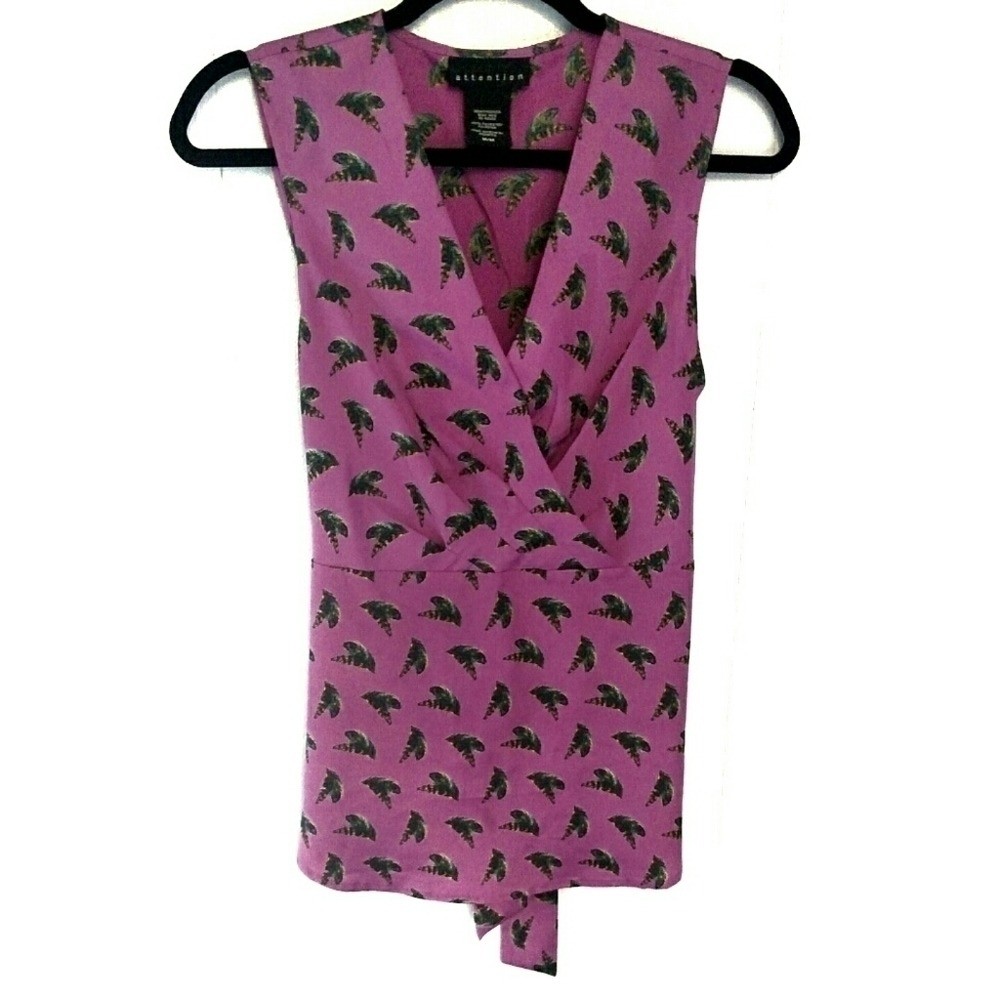 Attention Wrap Style Purple Feather Print Top