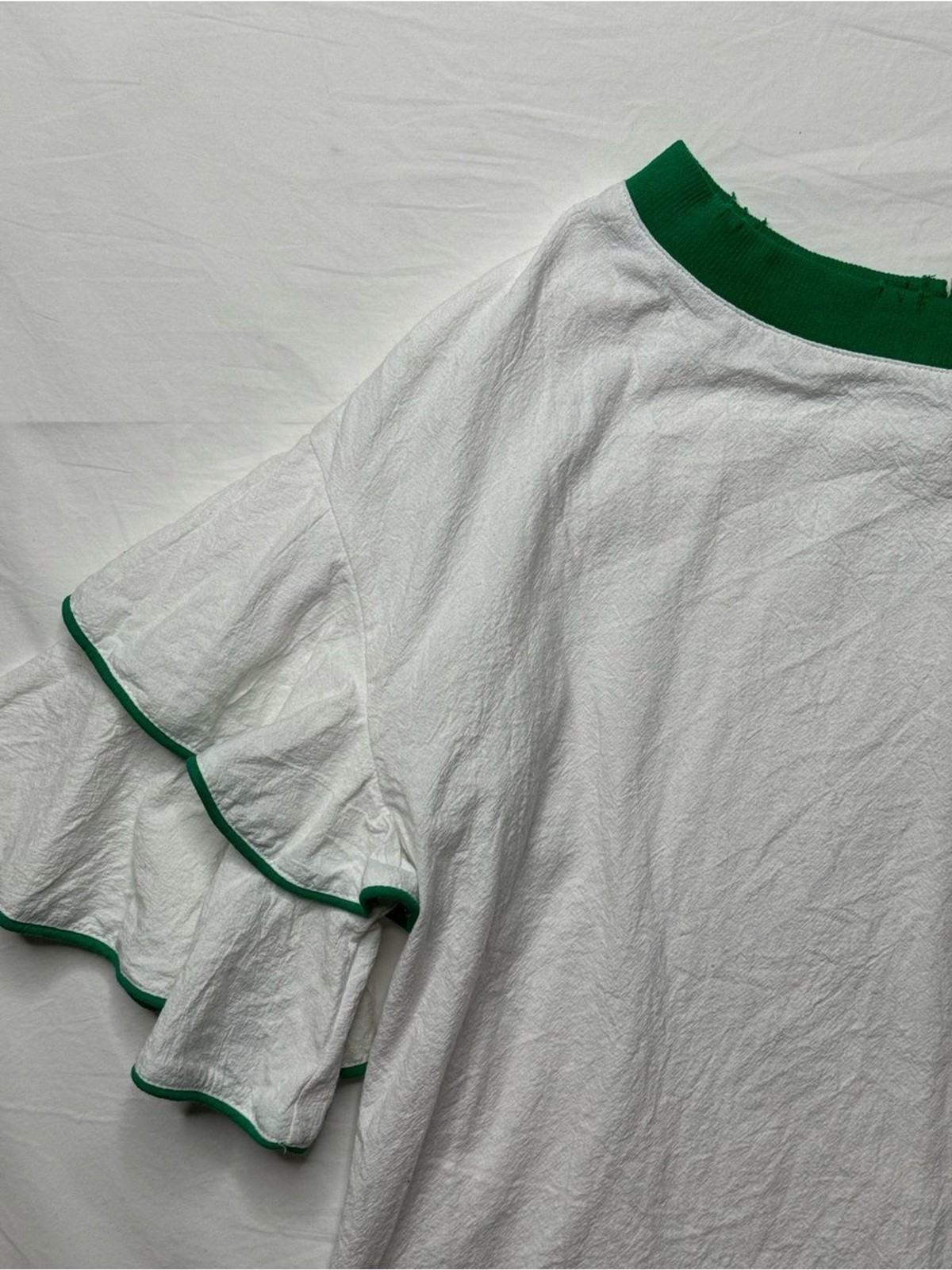 INA – Women’s White Ruffle Sleeve Top with Green Trim 100% Cotton