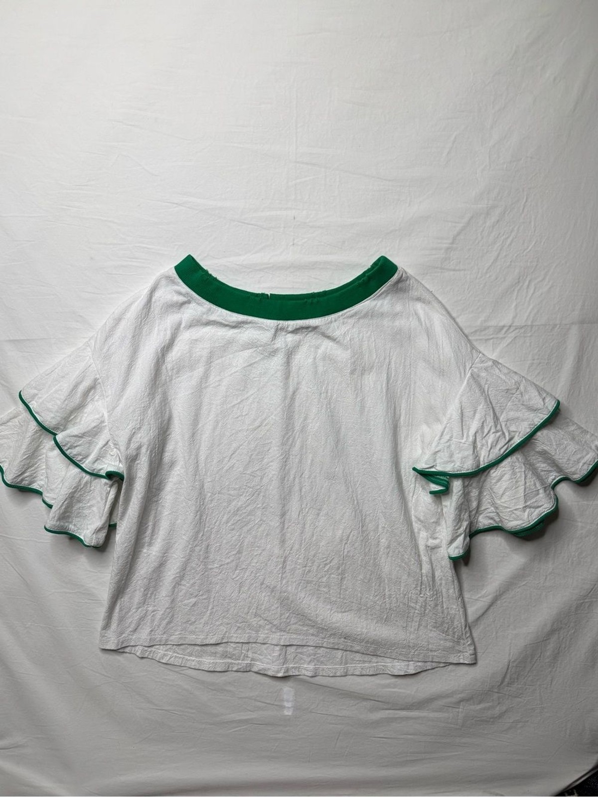 INA – Women’s White Ruffle Sleeve Top with Green Trim 100% Cotton