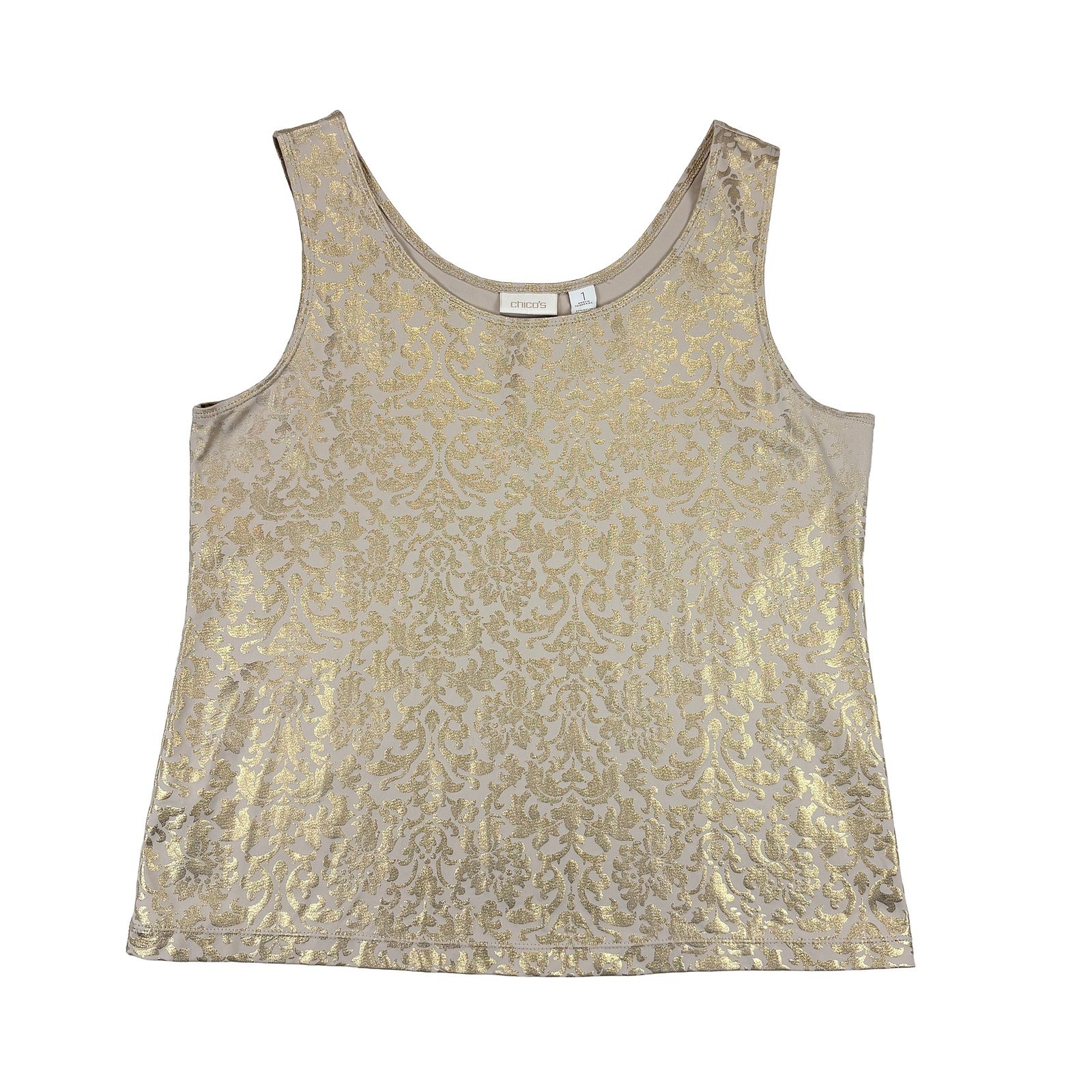 Chico’s Damask Tank Top Womens Size 1 Medium Beige Gold Metallic Stretch Cami