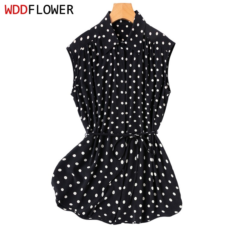 100% Mulberry Silk Women Tank Top Black Dots Sleeveless Collared Shirt M1686