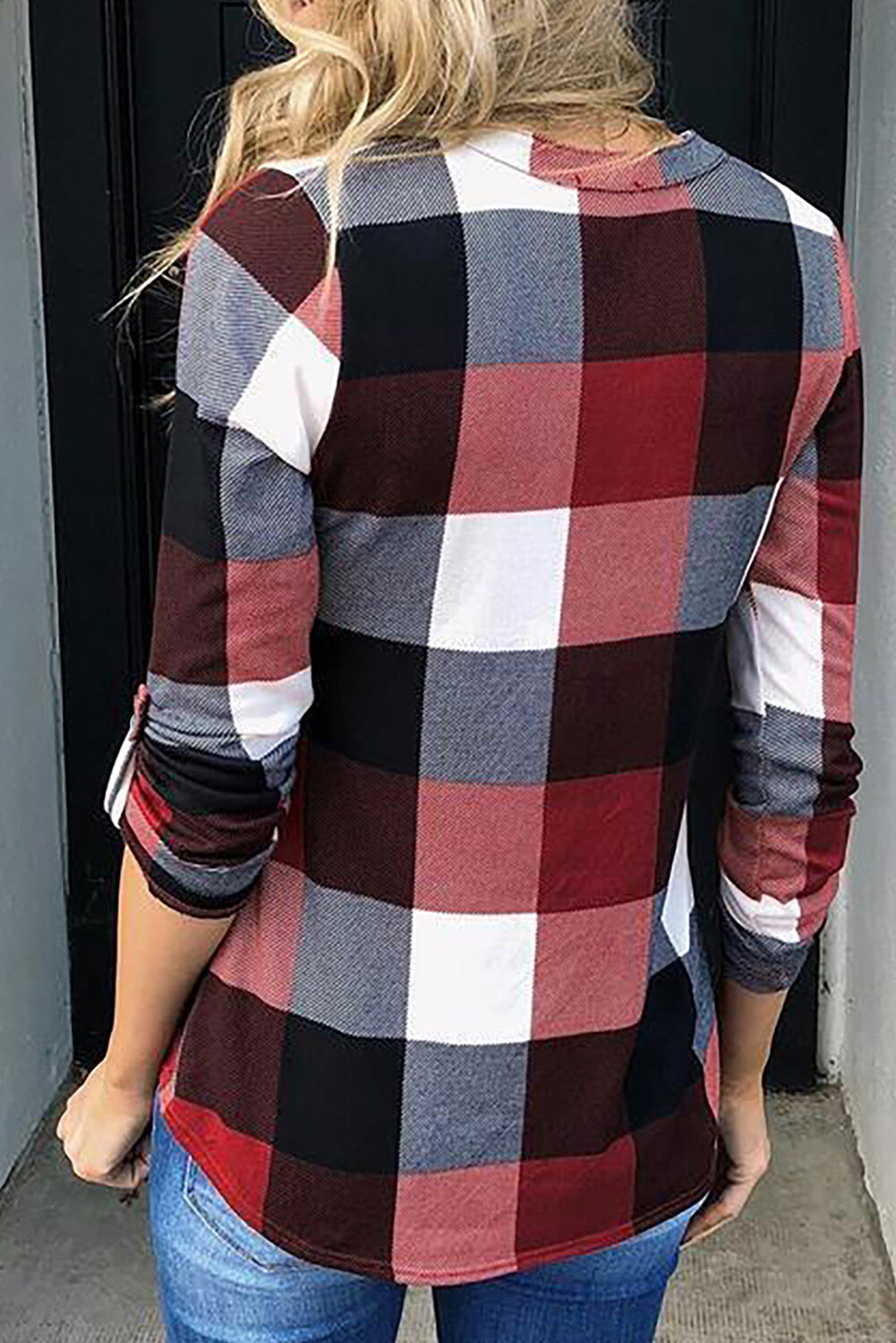 New Women’s Red Black White Plaid V Neck Blouse Top Shirt
