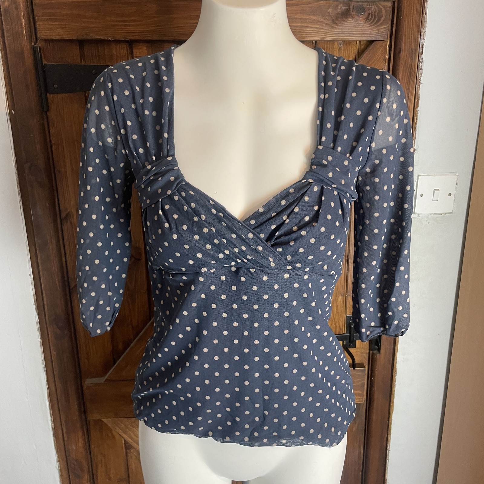 iBlues Max Mara Womens Blue Polka Dot Sheer 3/4 Sleeve Retro Blouse Size Large