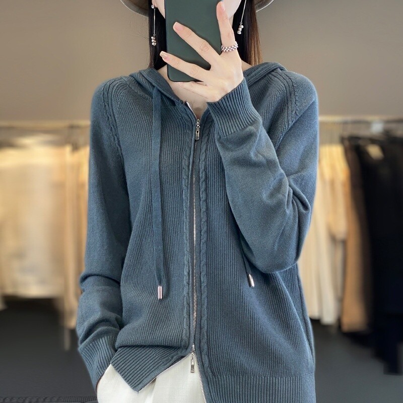 Women Tops Coat Sweater Hoodie Knitted Cardigan Hooded Casual Zipper Cashmere