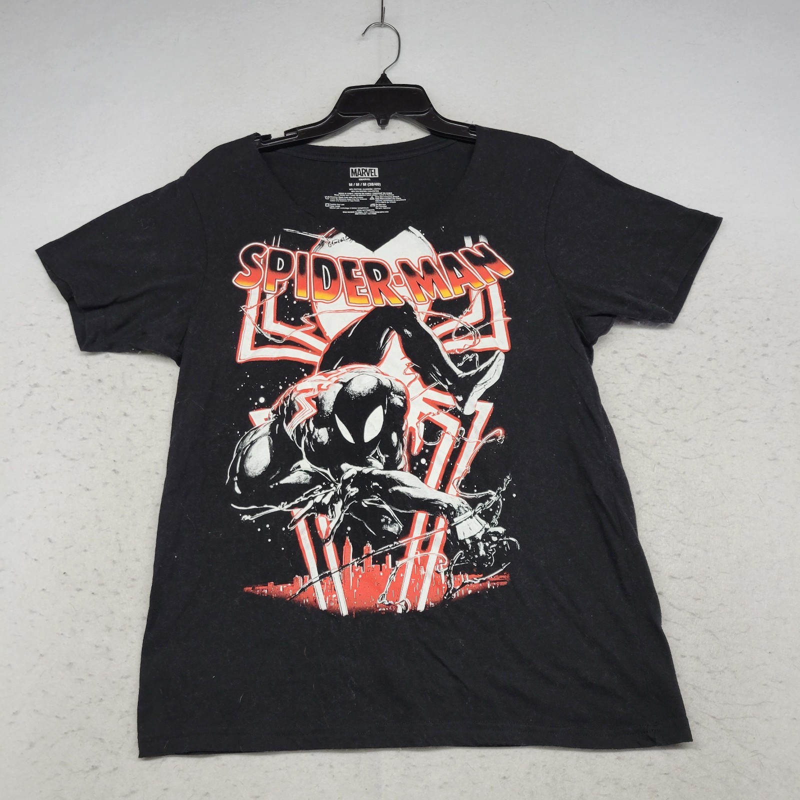 Spiderman Shirt Womens Medium Black Marvel Graphic V-neck Short Sleeve Top