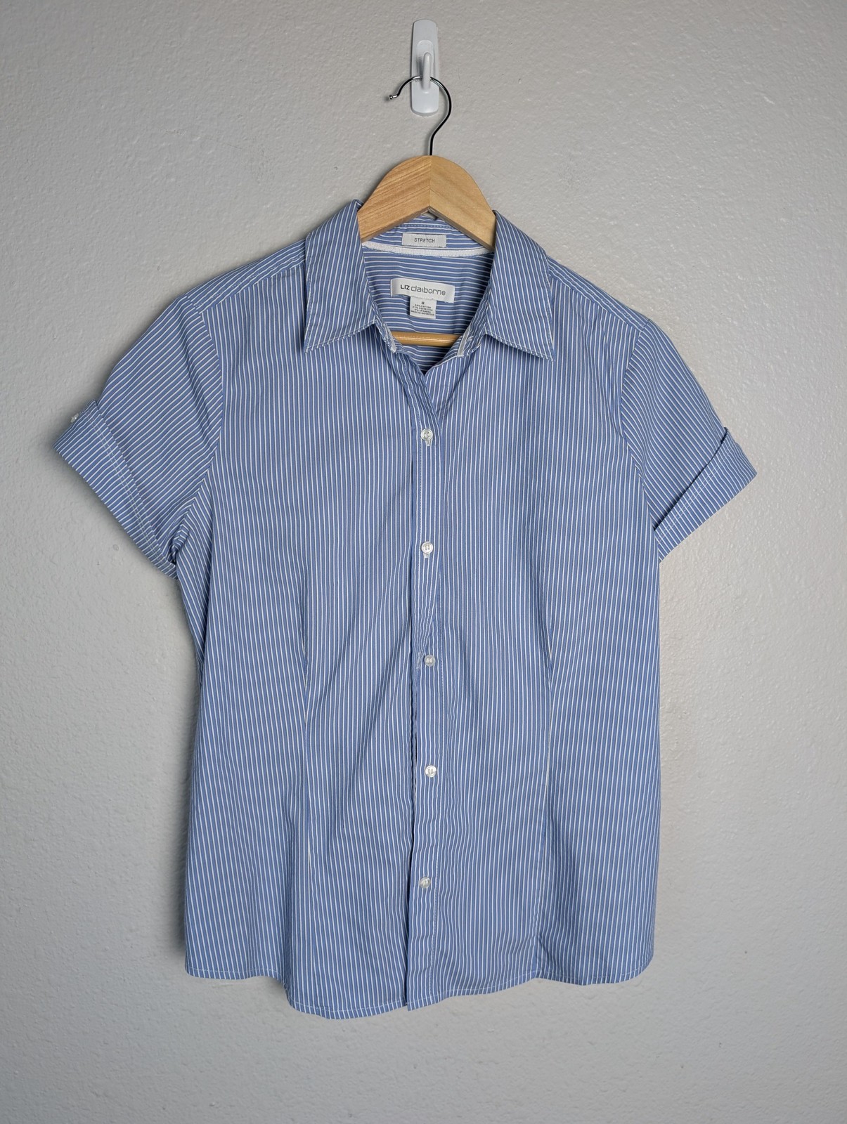 Liz Claiborne Button-Up Womens M Blue Striped Roll Tab Sleeve Stretch Easy Care