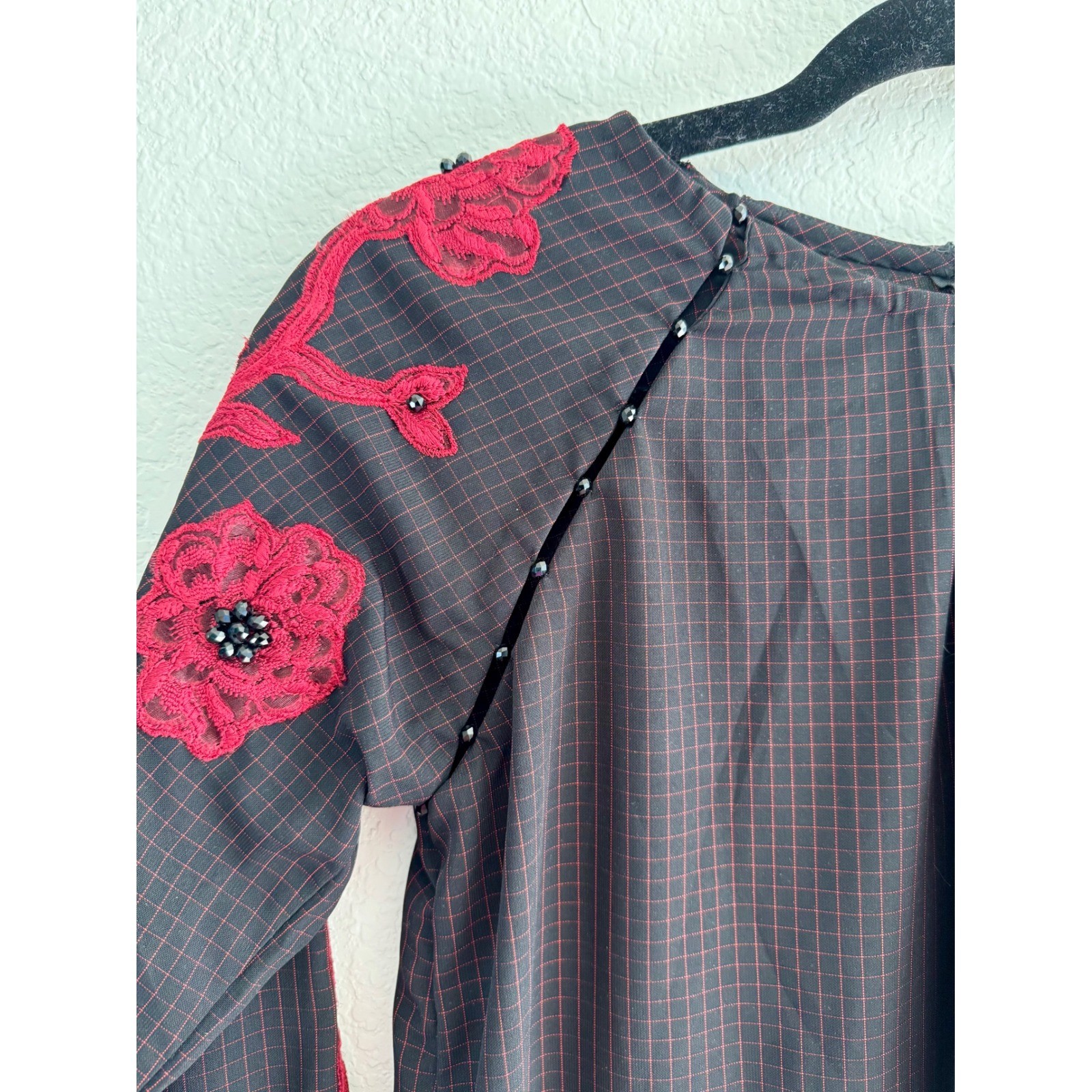 VTG Maria B Cotton Grid Tunic Top Black Red Pink Floral Beaded Embroidered XS