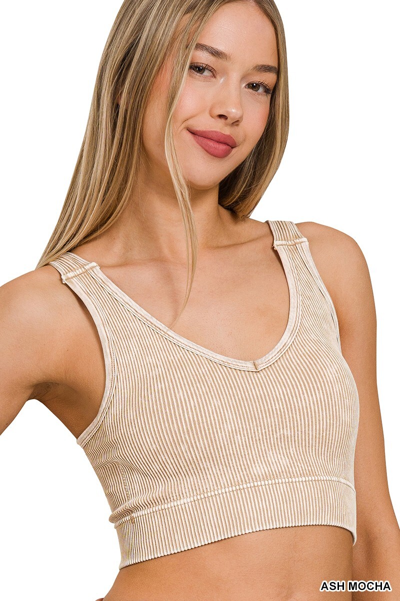 Zenana Ribbed Stone Wash V Neck Bralette PADDED Crop S-XL 32A-40DD Style# 6275