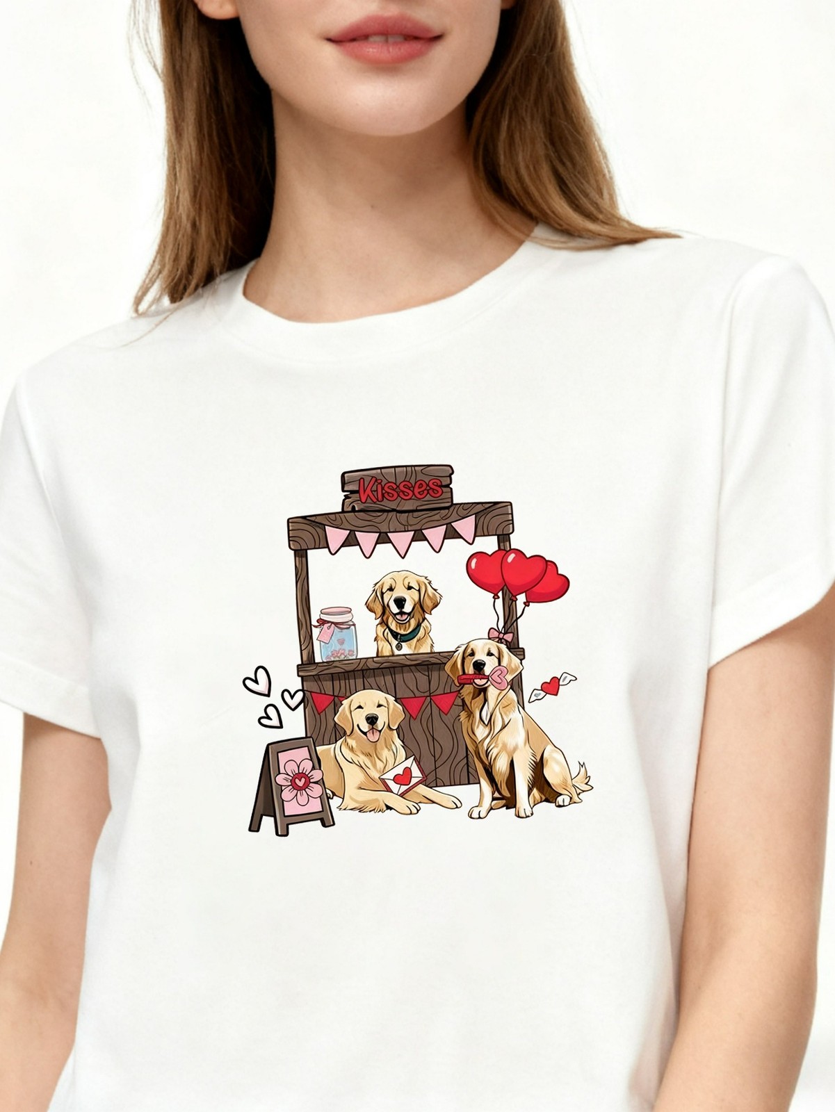 Valentine’s Day Dog Booth Graphic Tee Soft Polyester Lovely Pet Women’s T-Shirt
