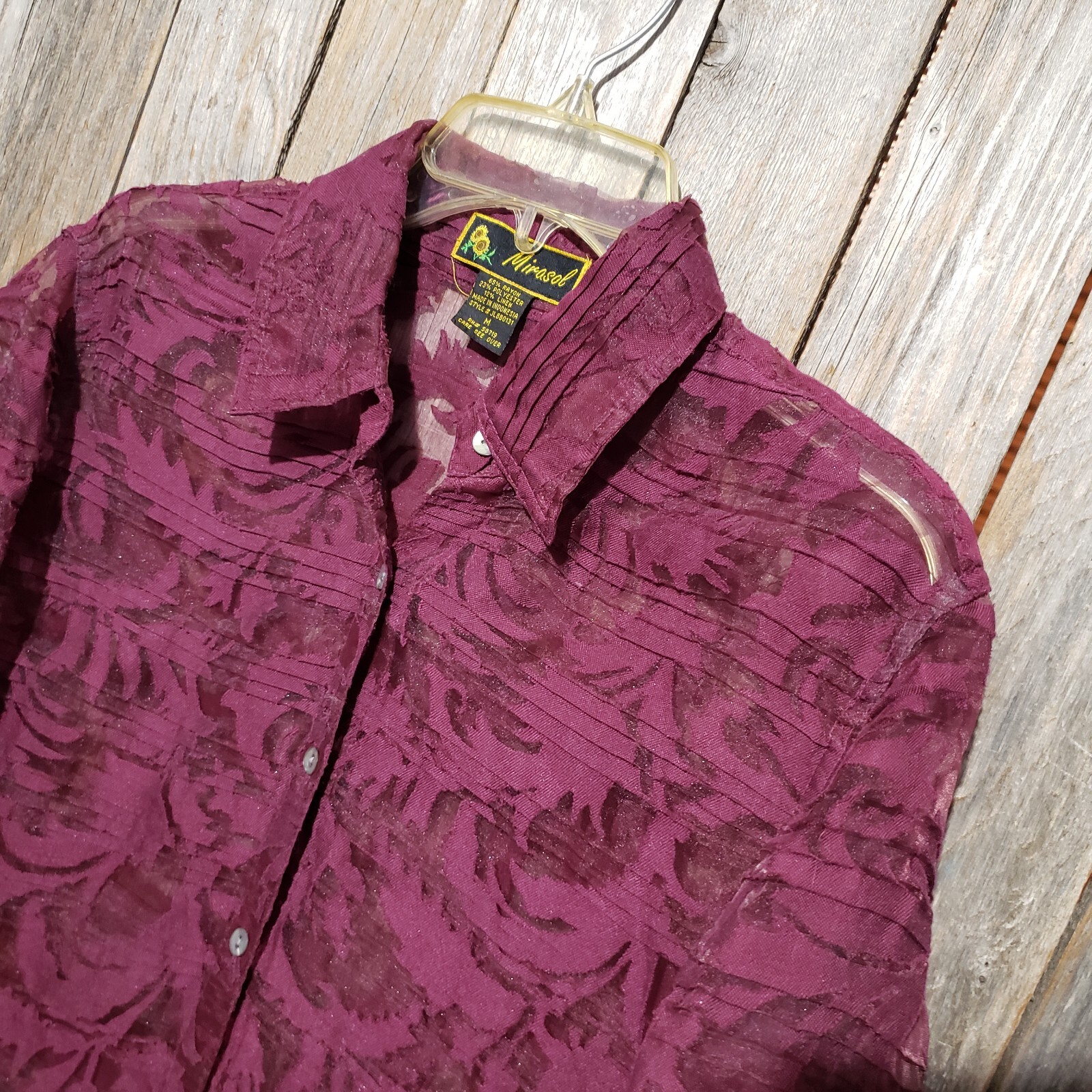 Mirasol Top Burgundy Sheer Button Burnout Office Indie Artsy Boho Chic Size M