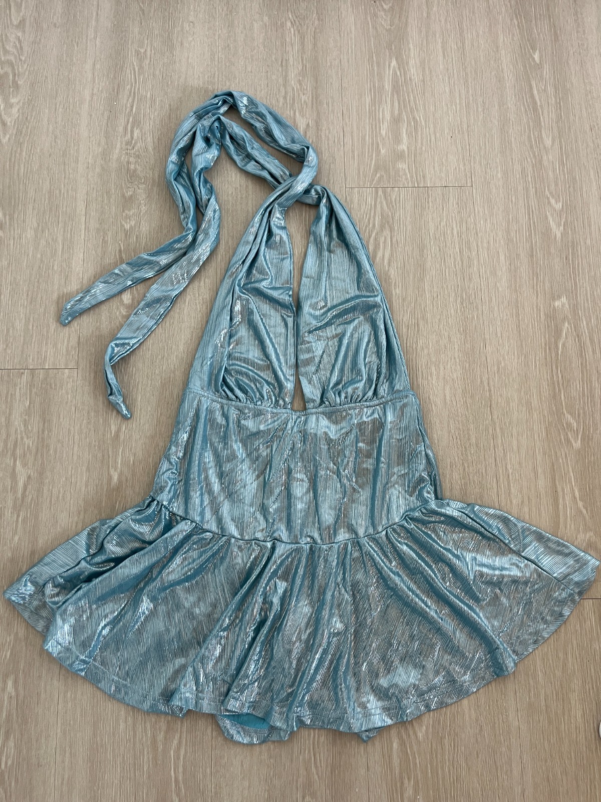Y2K Babydoll Shimmer Fairy Halter Top Blue M Festival Rave Whimsical