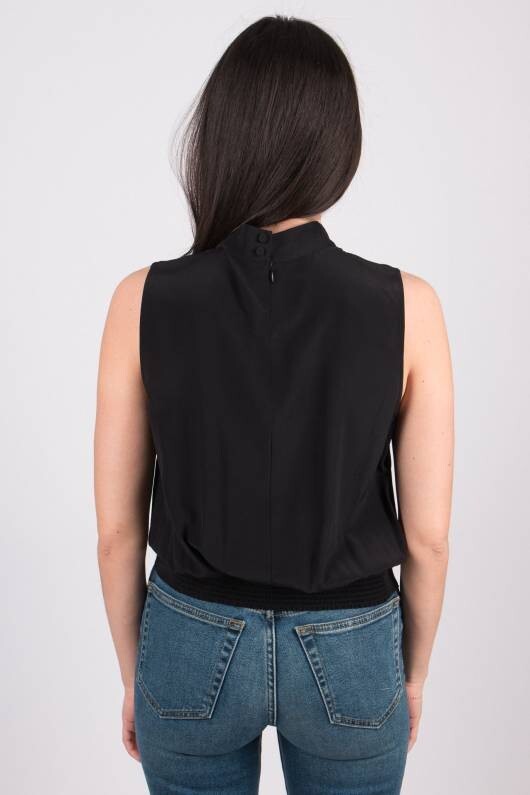 FRAME Black Keyhole Mock-Neck Smocked Sleeveless Silk Satin Tank Top XS = 0/2 🖤