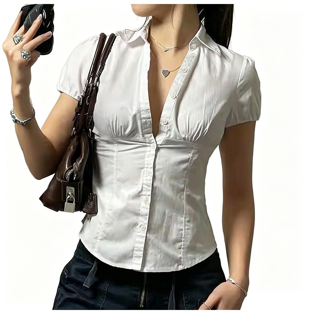Womens For Slim Fit Short Sleeve Polyester Blouse Button Down Collar Pure Color
