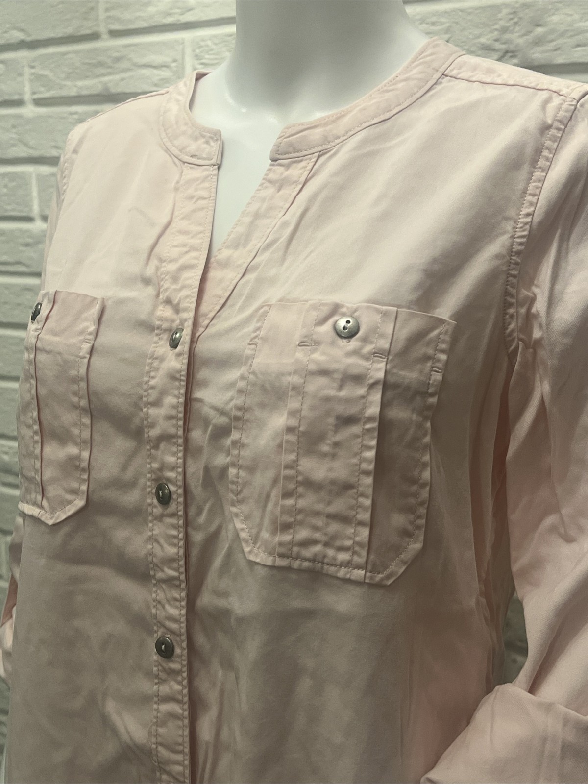 Intro ❤️ Collarless Button Front Lyocell Shirt Pale Pink Roll Tab Sleeve Size S