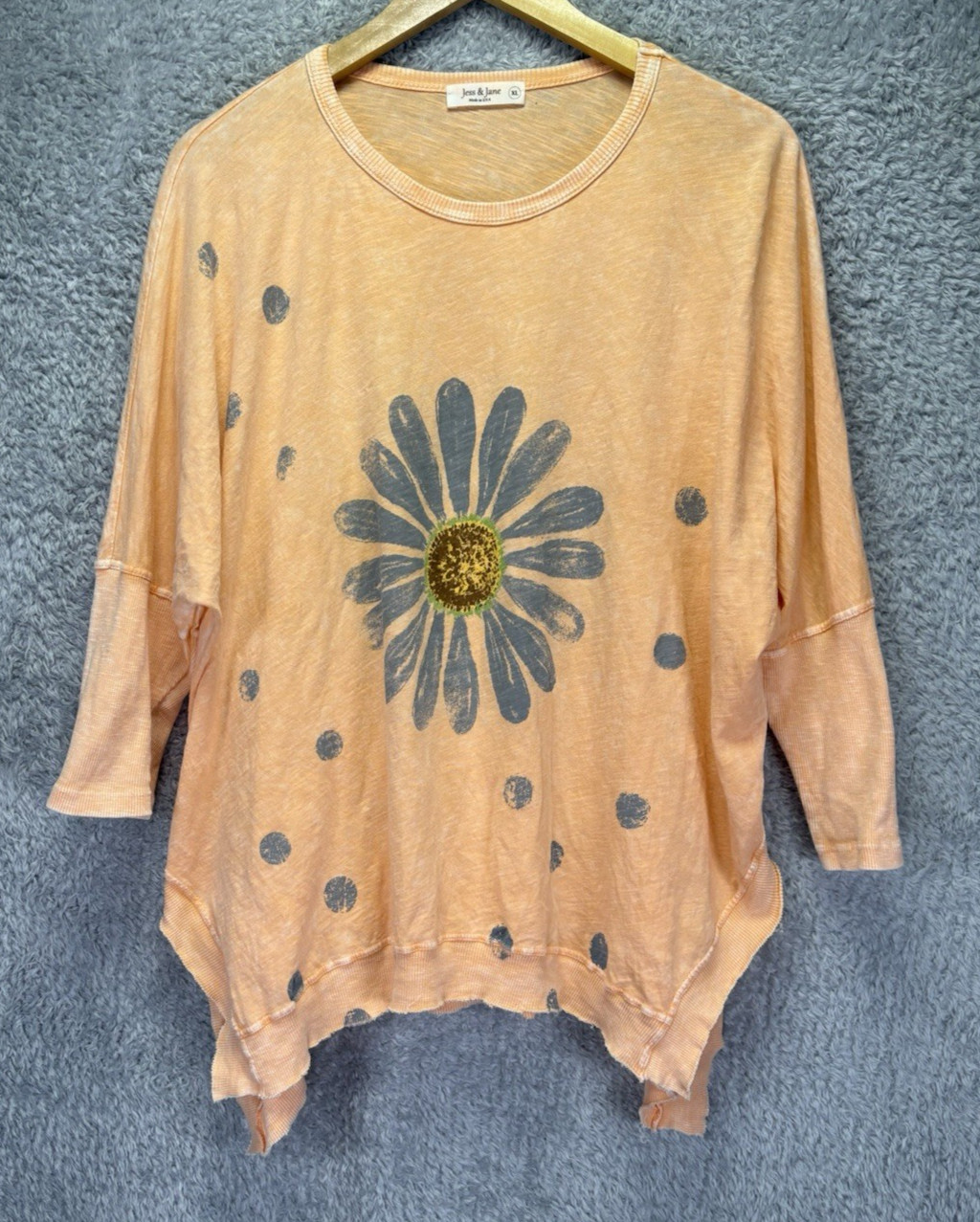 Jess & Jane Womens XL Orange Mineral Wash Floral Tunic Top Dolman Lagenlook