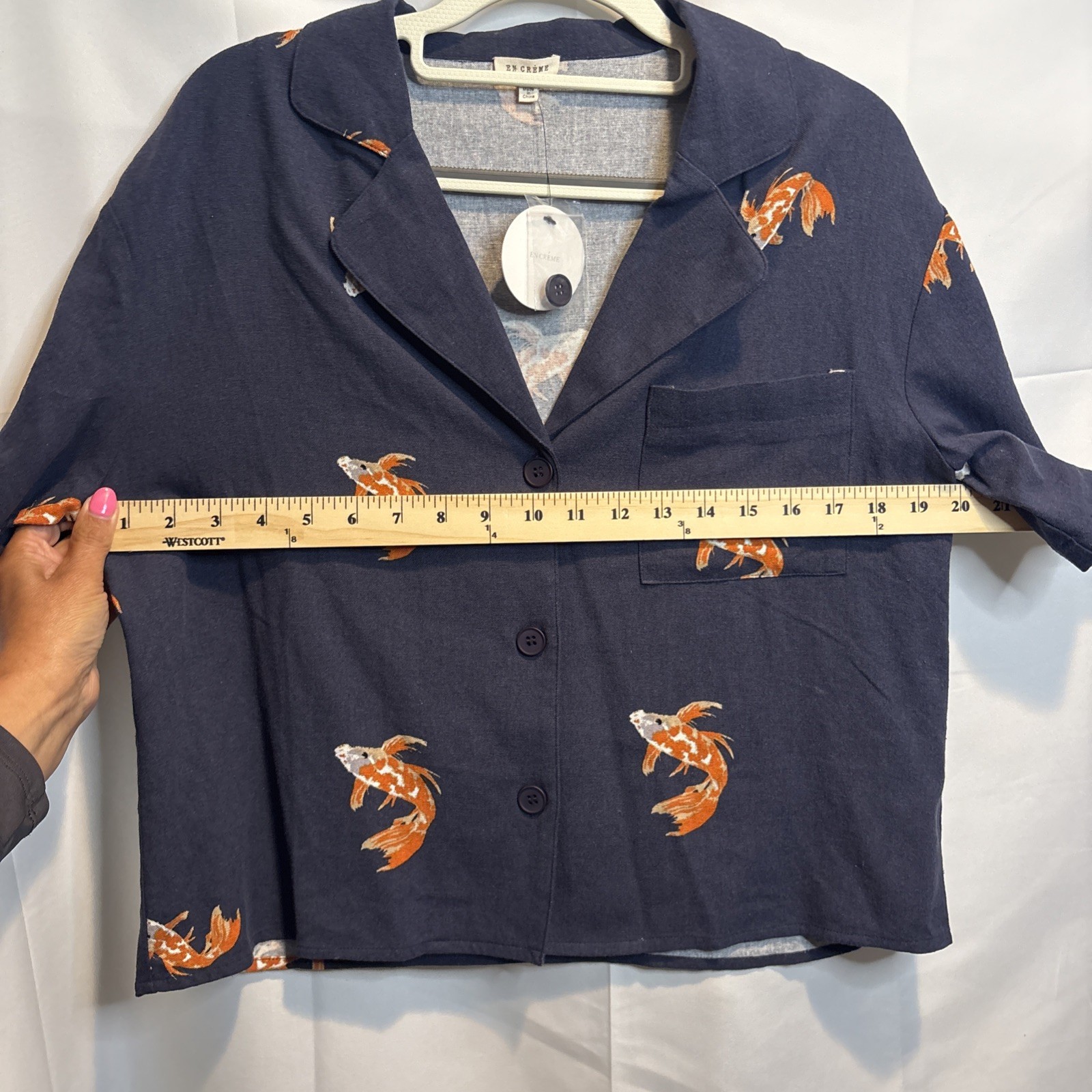 En Crème Koi Fish Button-Down Linen Blend Navy Blue Size Small