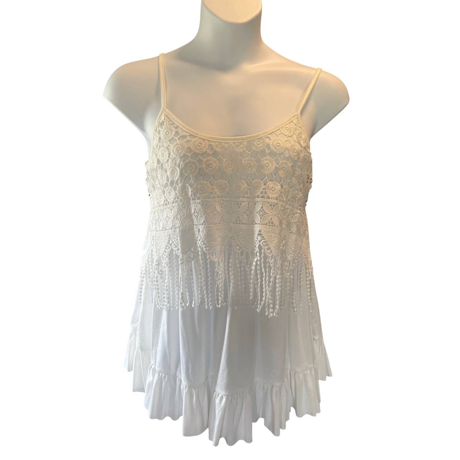 Womens Boho Chic Crochet Ruffle Fringe Cami Top Cottage Size 0XL Festival Resort