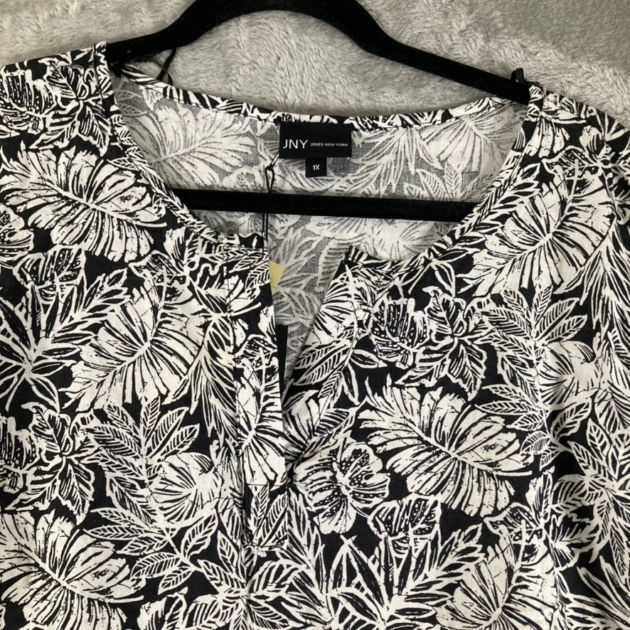 Jones New York JNY Womens 1X Top Black White Tropical Leaf Linen Blend NWT