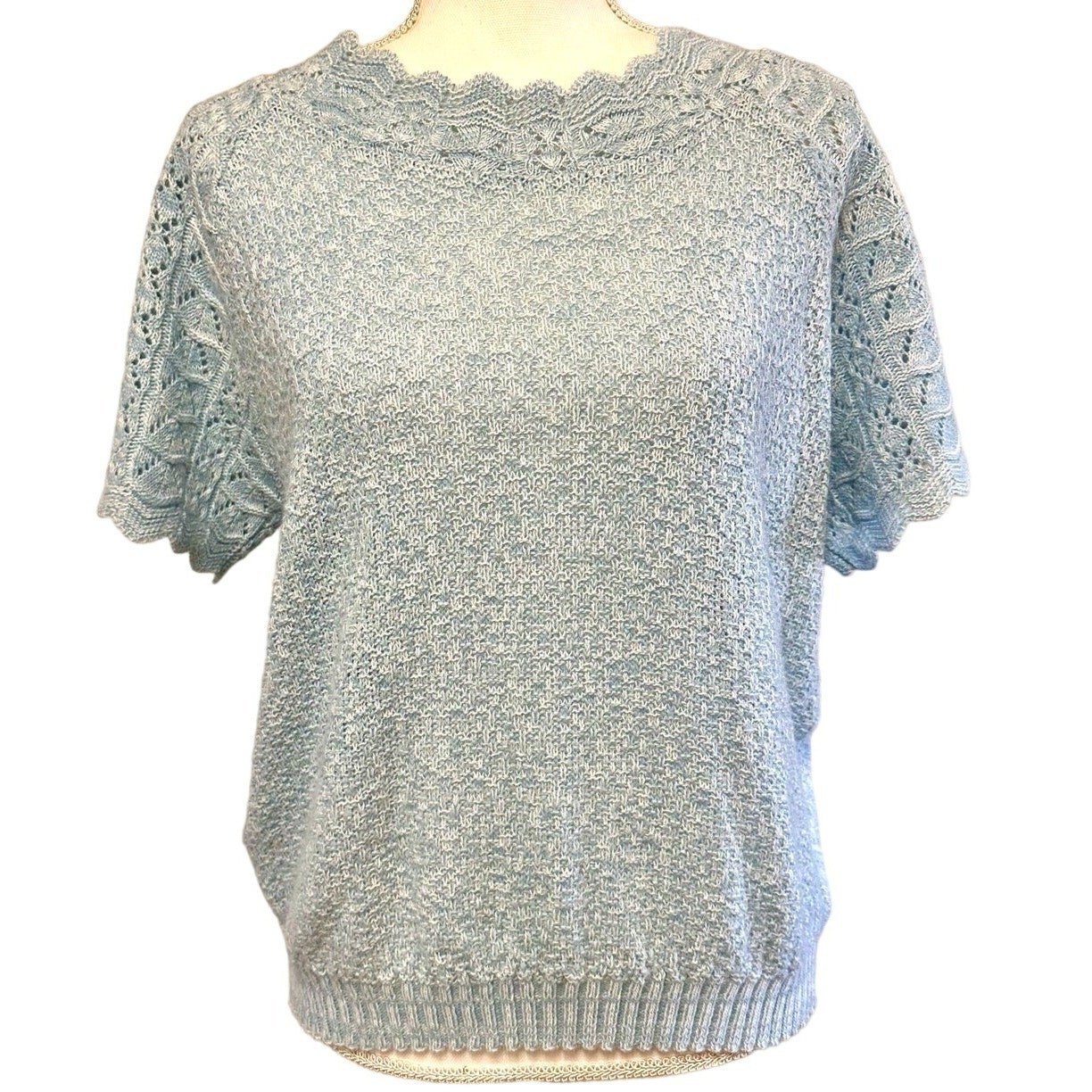 Haband! Powder Blue Short Sleeve Lace Knit Top sz L