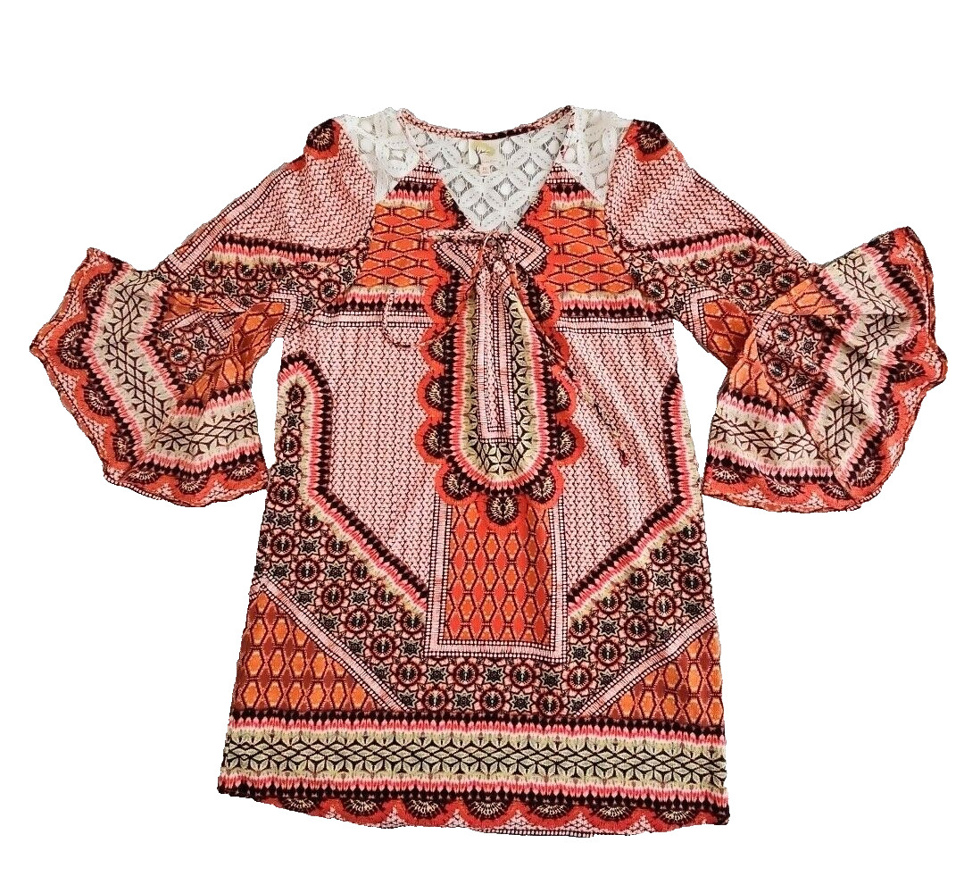 Fig & Flower Blouse Size Medium Red Floral Boho Peasant Tunic Lined Festival GUC
