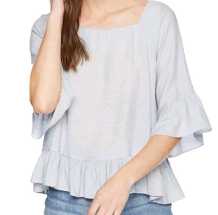 Moon River Anthropologie Blue Ruffle Boho Peasant Blouse 3/4 Flare Sleeves Small