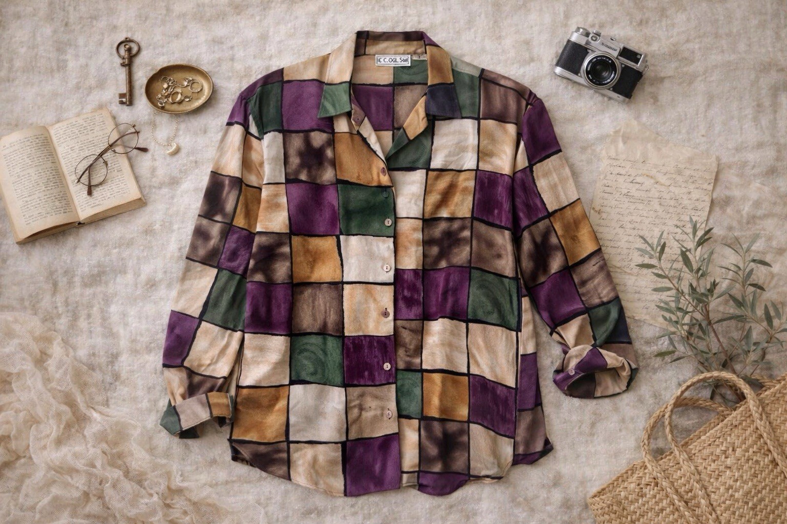 Vintage 90s Geometric Patchwork Blouse Large Sheer Artsy Button Up Made Korea