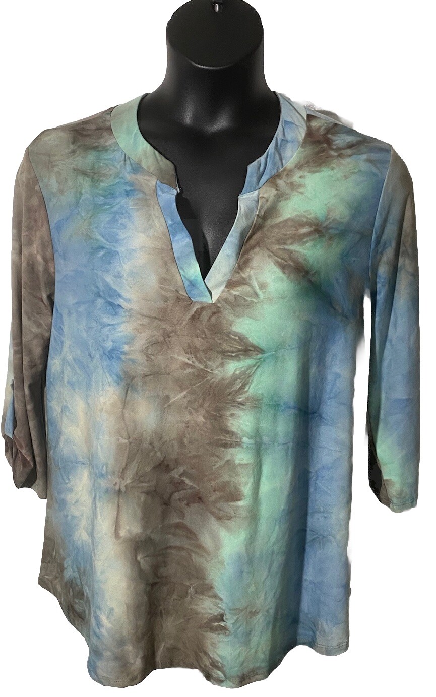 White Birch Tie Dye Size 1X Polyester Pleated Back Vneck Roll Tab Sleeve Boho
