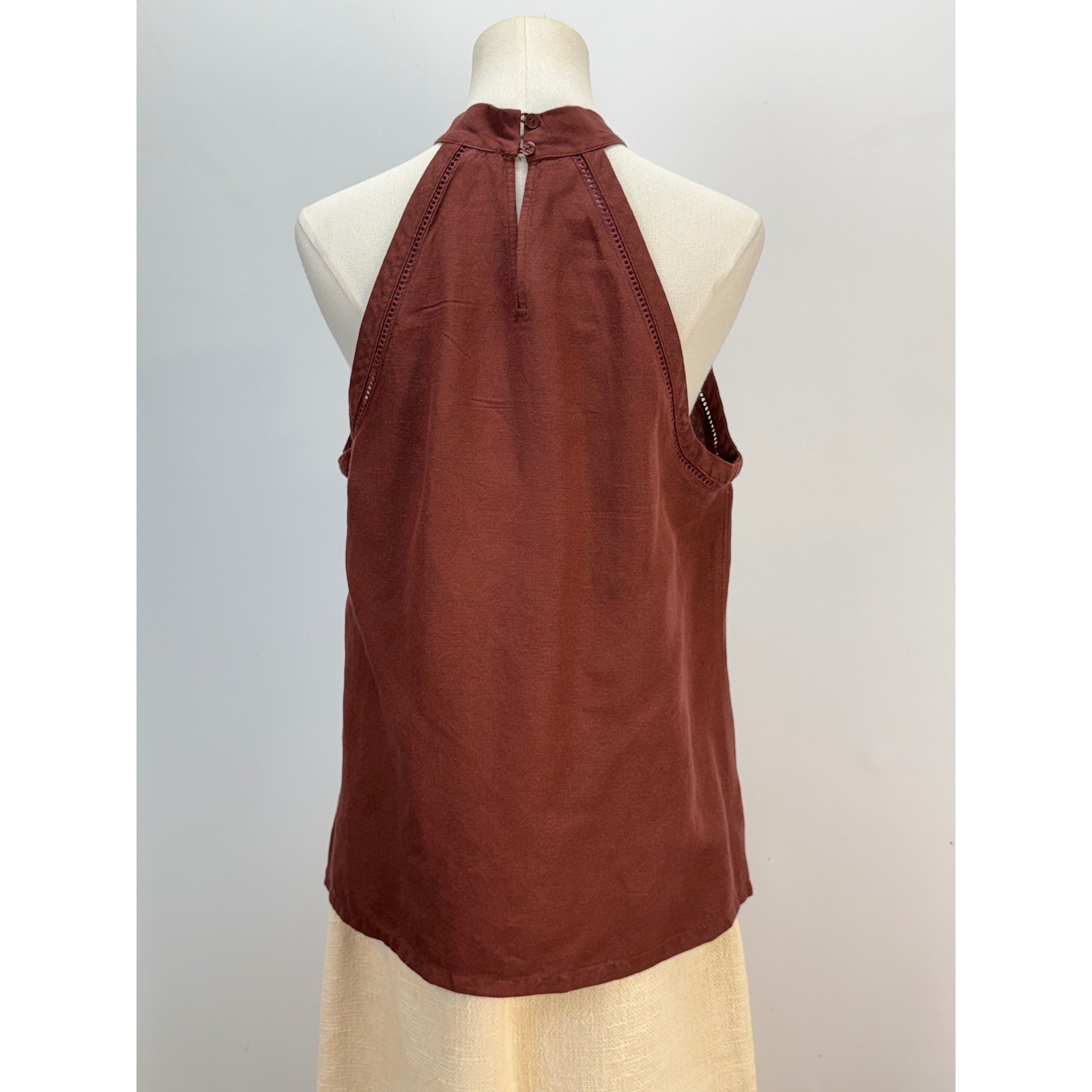 Ann Taylor Halter Neck Sleeveless Blouse Rust Brown Linen Keyhole Back Top M
