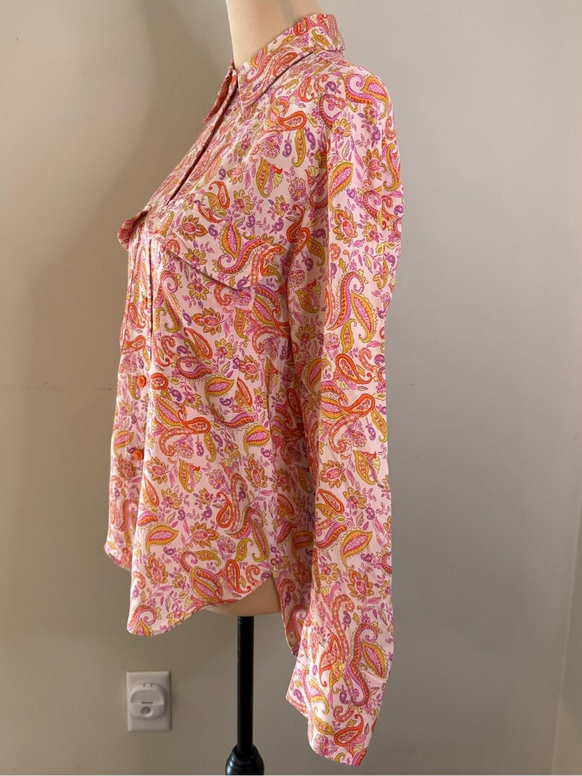 Zara paisley button up long sleeve top pink purple green M