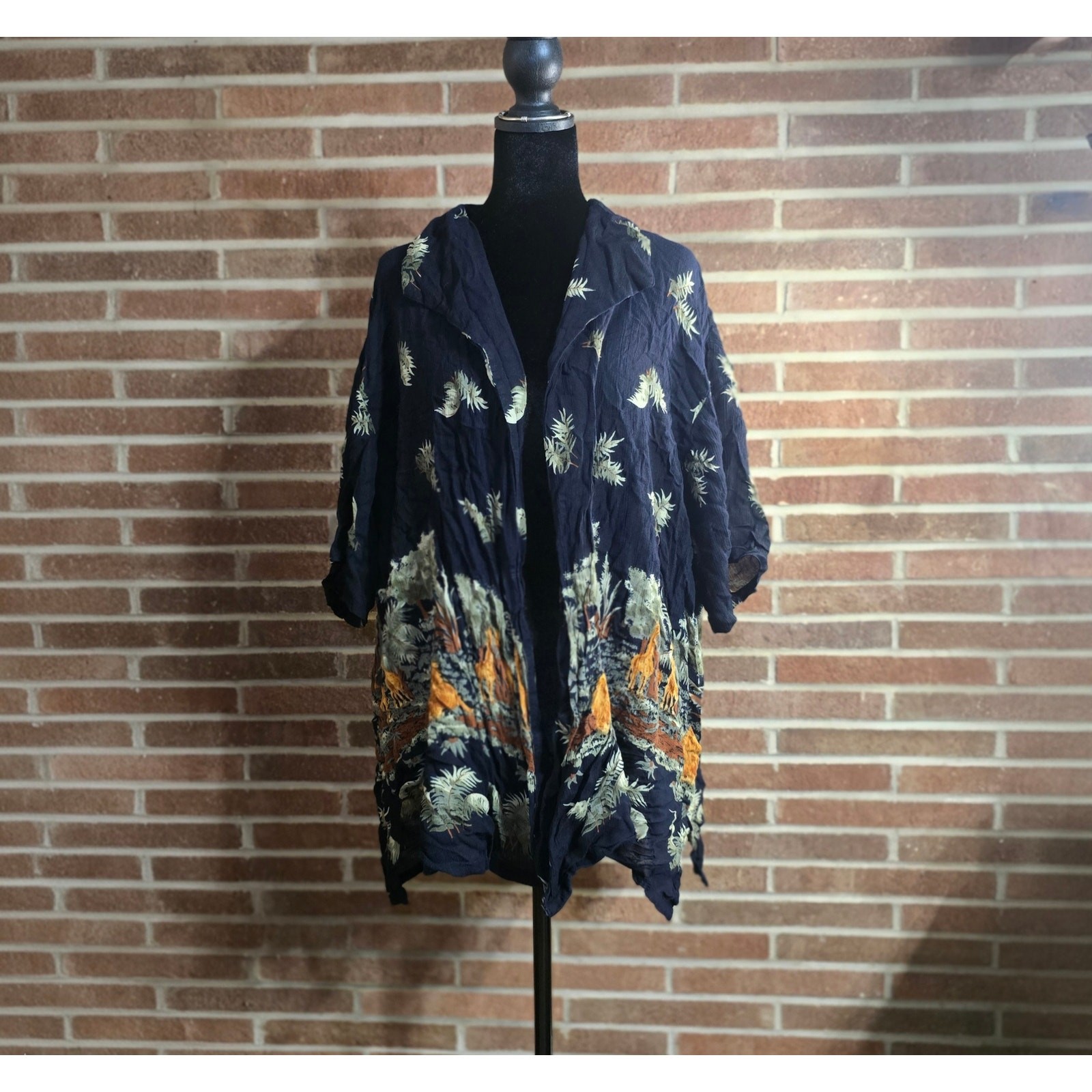 MATCHINGS Women’s Plus 3X Rayon Kimono Cardigan Blue Safari Giraffe Palm Tree