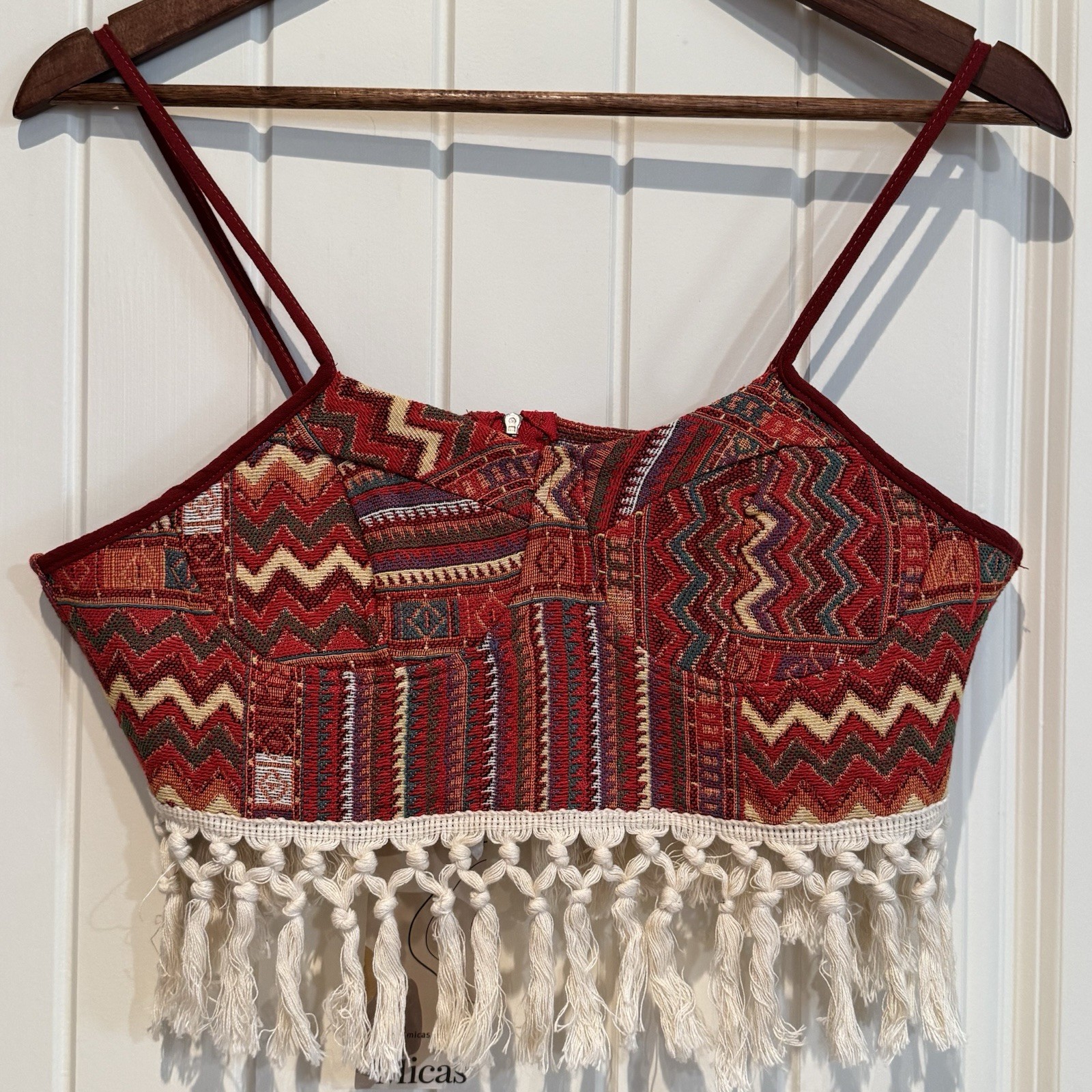 Micas Boho Fringe Crop Top Festival Southwestern Tapestry Bustier NWT