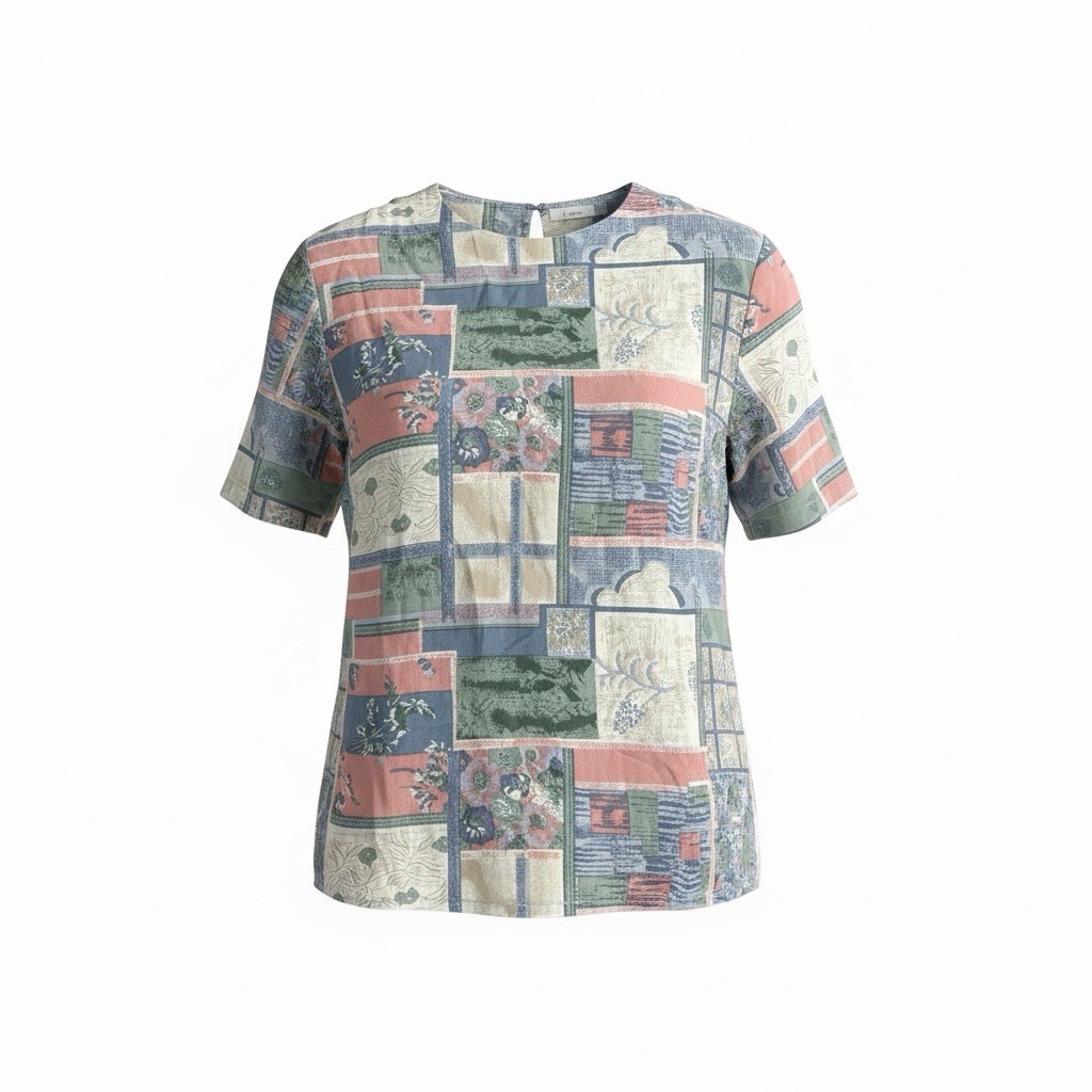QUO-SILK Womens M Silk Floral Patchwork Keyhole Back Short Sleeve Cottagecore