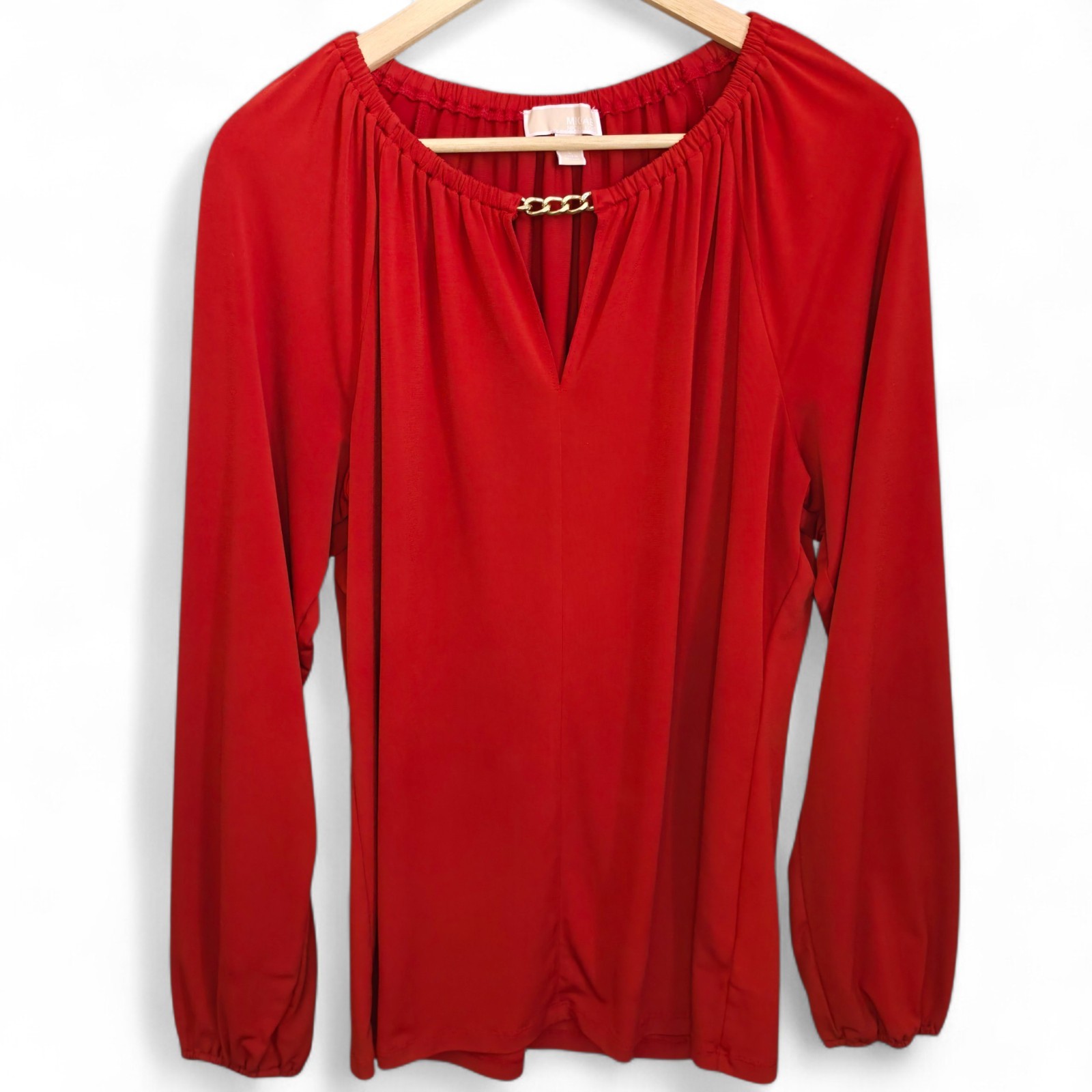 Michael Kors Top Large Brick Red Keyhole Neck Blouse Long Sleeve Stretch Casual
