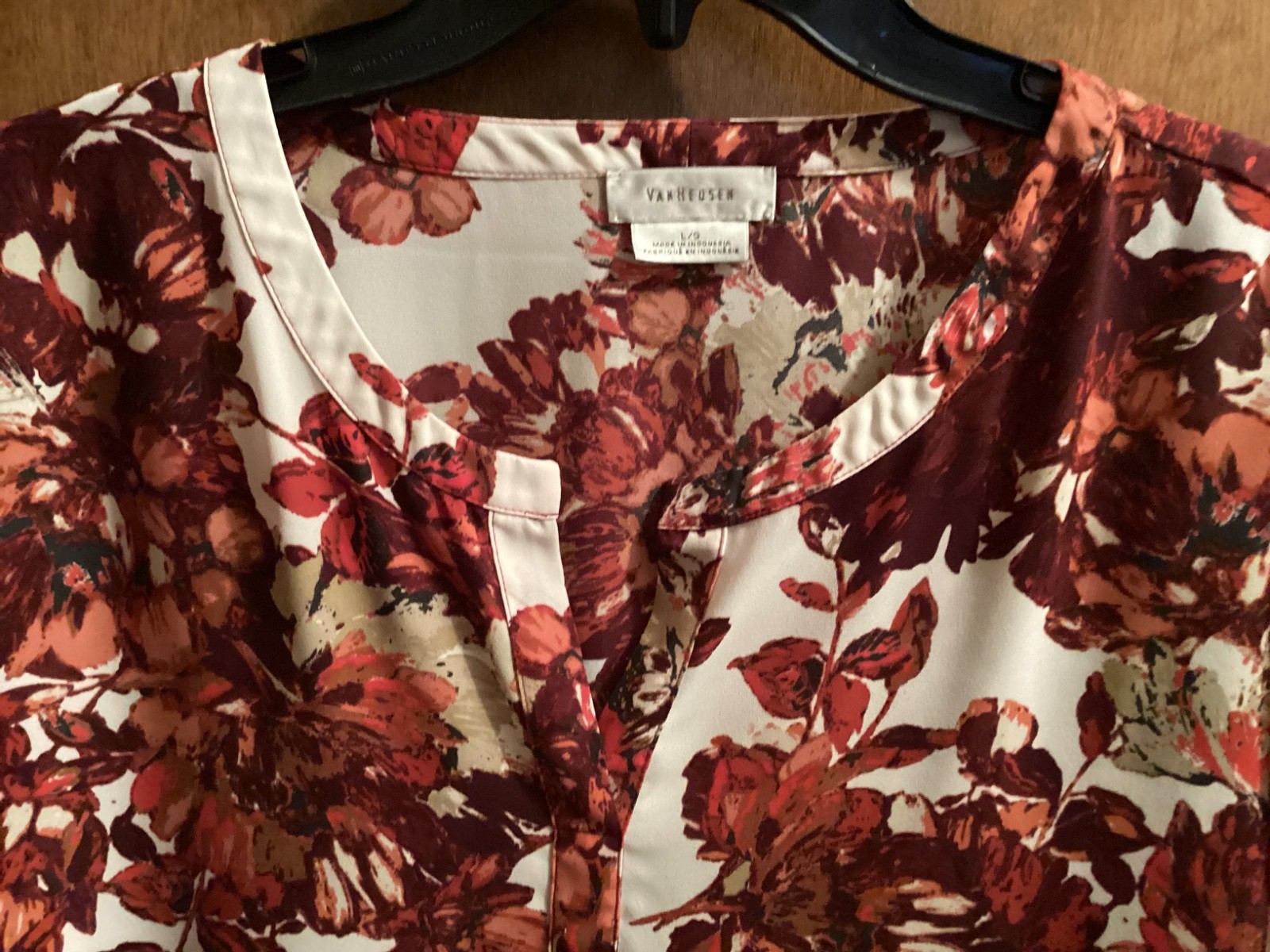 FALL Van Heusen L/XL Tunic Top Floral Leaves Burgandy Orange Brown Adjust Tabs