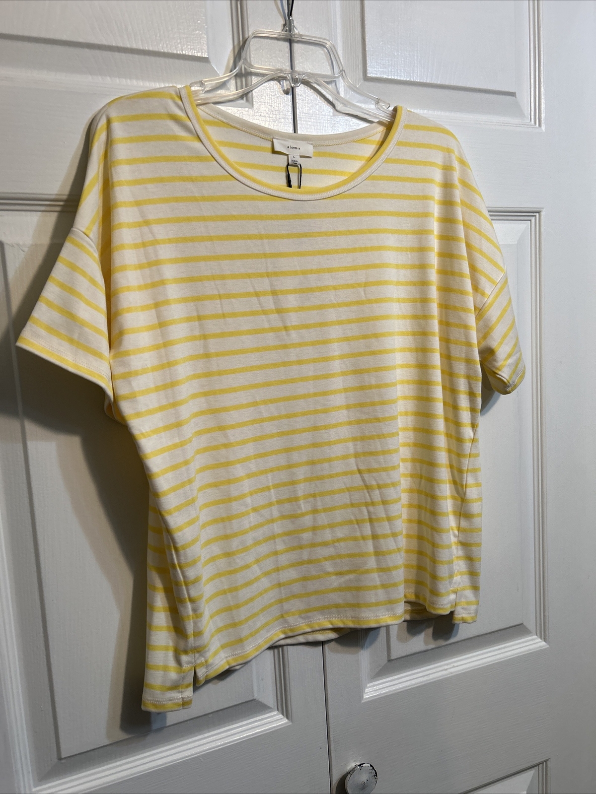NWT a LOVES a Striped Yellow and White Short Sleeve Knit Top Size L Large