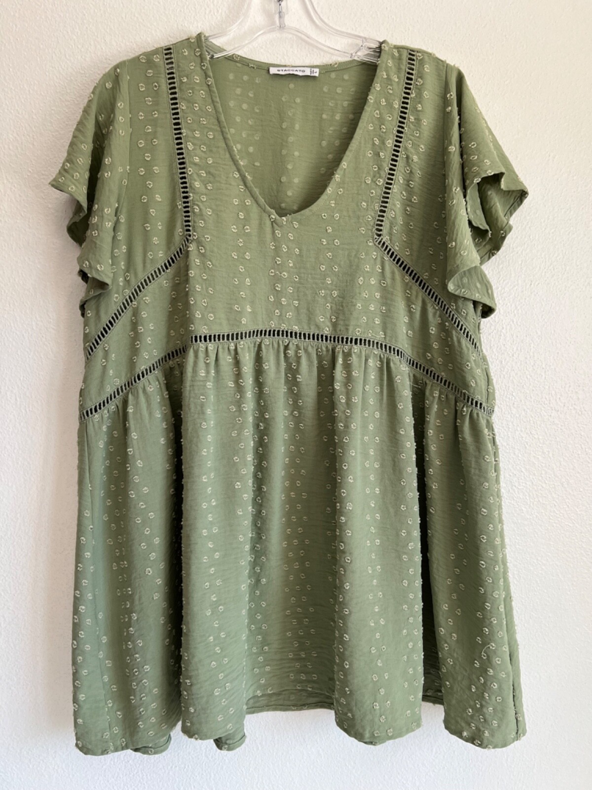 Staccato Flutter Sleeve Cottagecore Peasant Boho Peplum Olive Green Top Large
