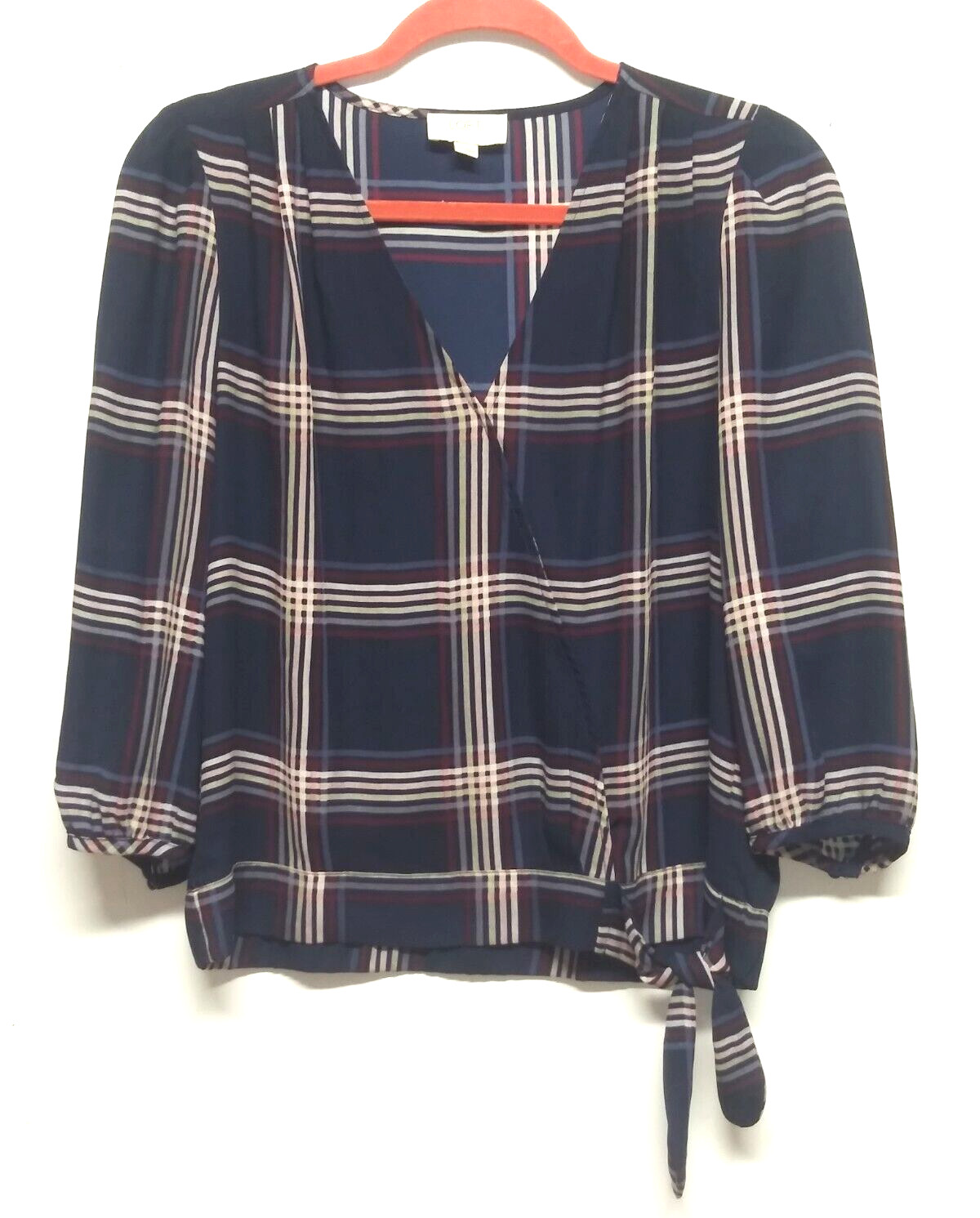 Loft Blouse Top Size S/P Faux Wrap, side bow Blue red Plaid Nova Check 3/4 Sleev