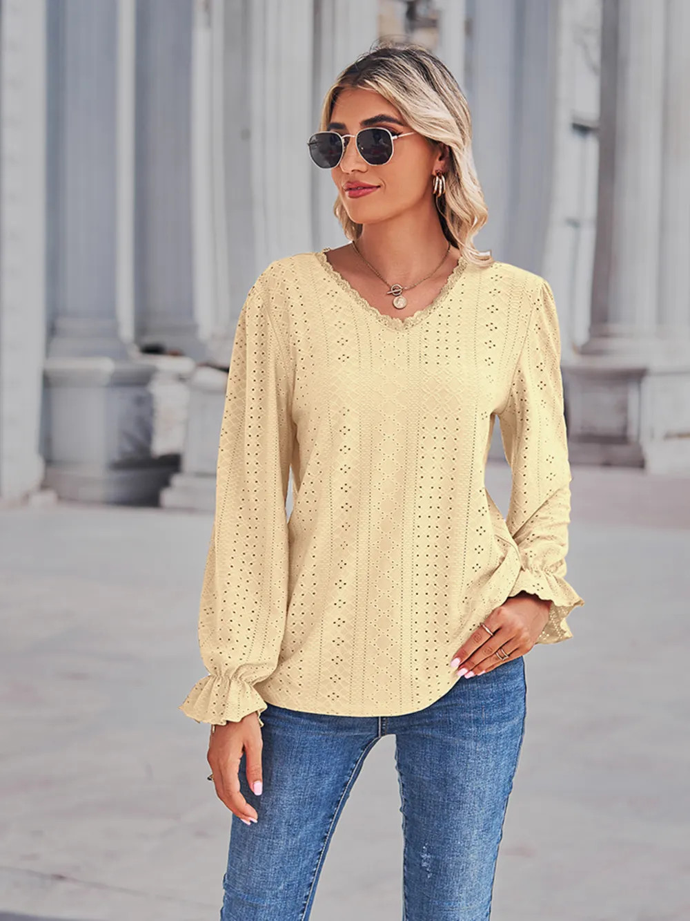 Women’s Eyelet V-Neck Flounce Sleeve Blouse Cotton Casual Top Lemon Black