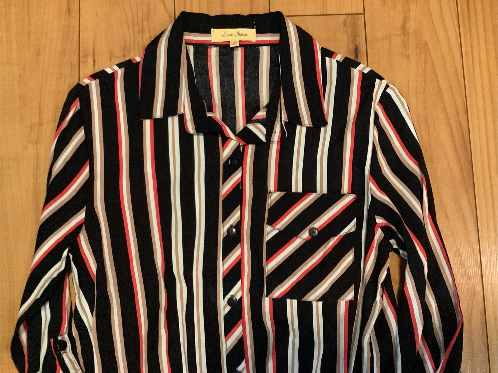 Women’s LOVE NOTES Blue Red White Long Sleeve Rayon Blouse Size S, Tie Bottom