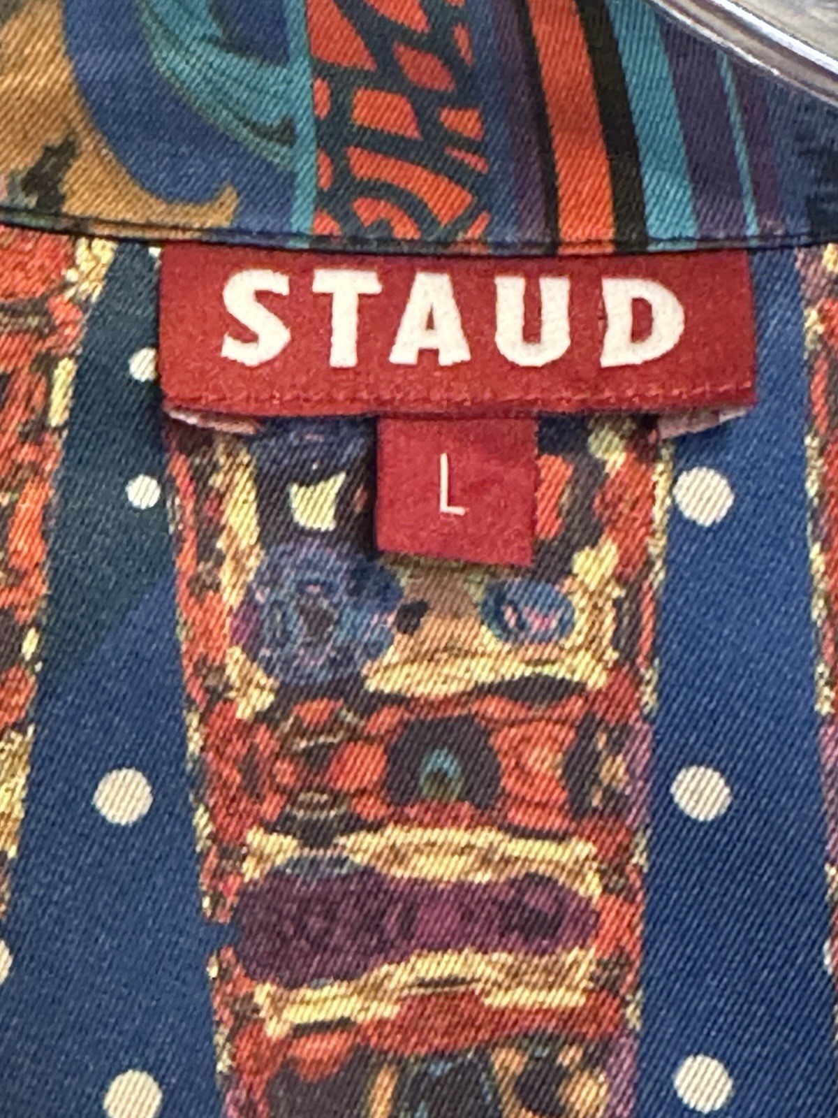 STAUD Martha Patchwork Satin Twill Tunic Button Blouse Multi Color Print Top L