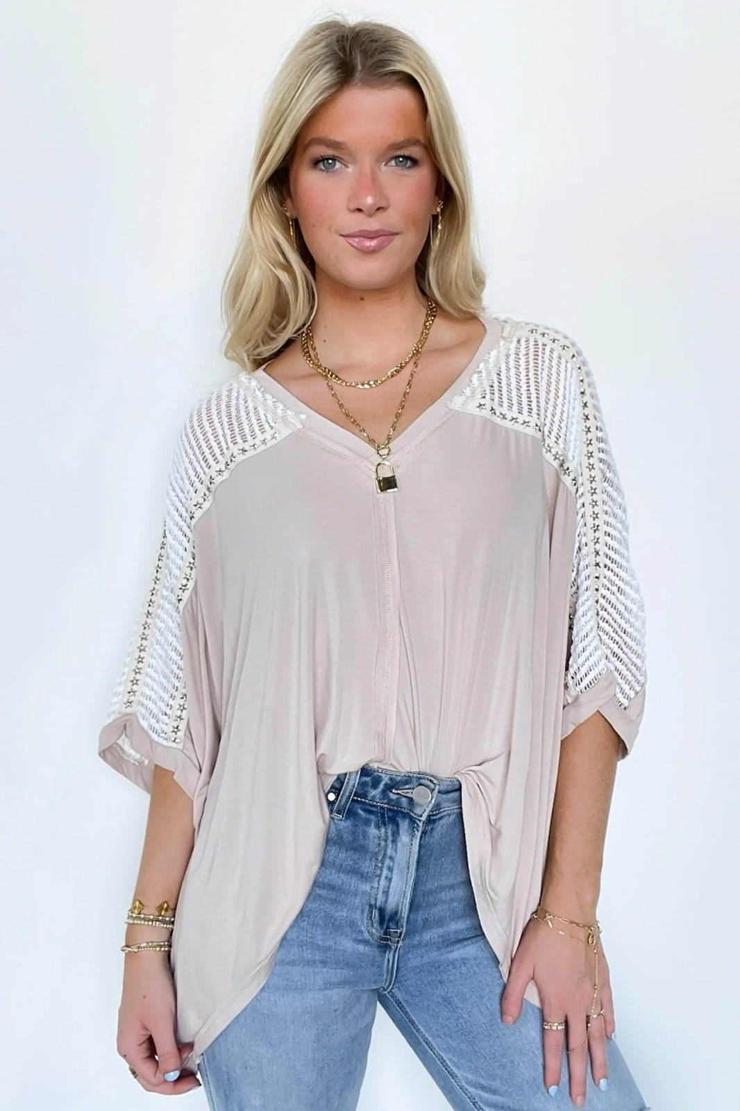 POL Cream Crochet Studded Top Oversized Jersey Knit Size M Boho- Western