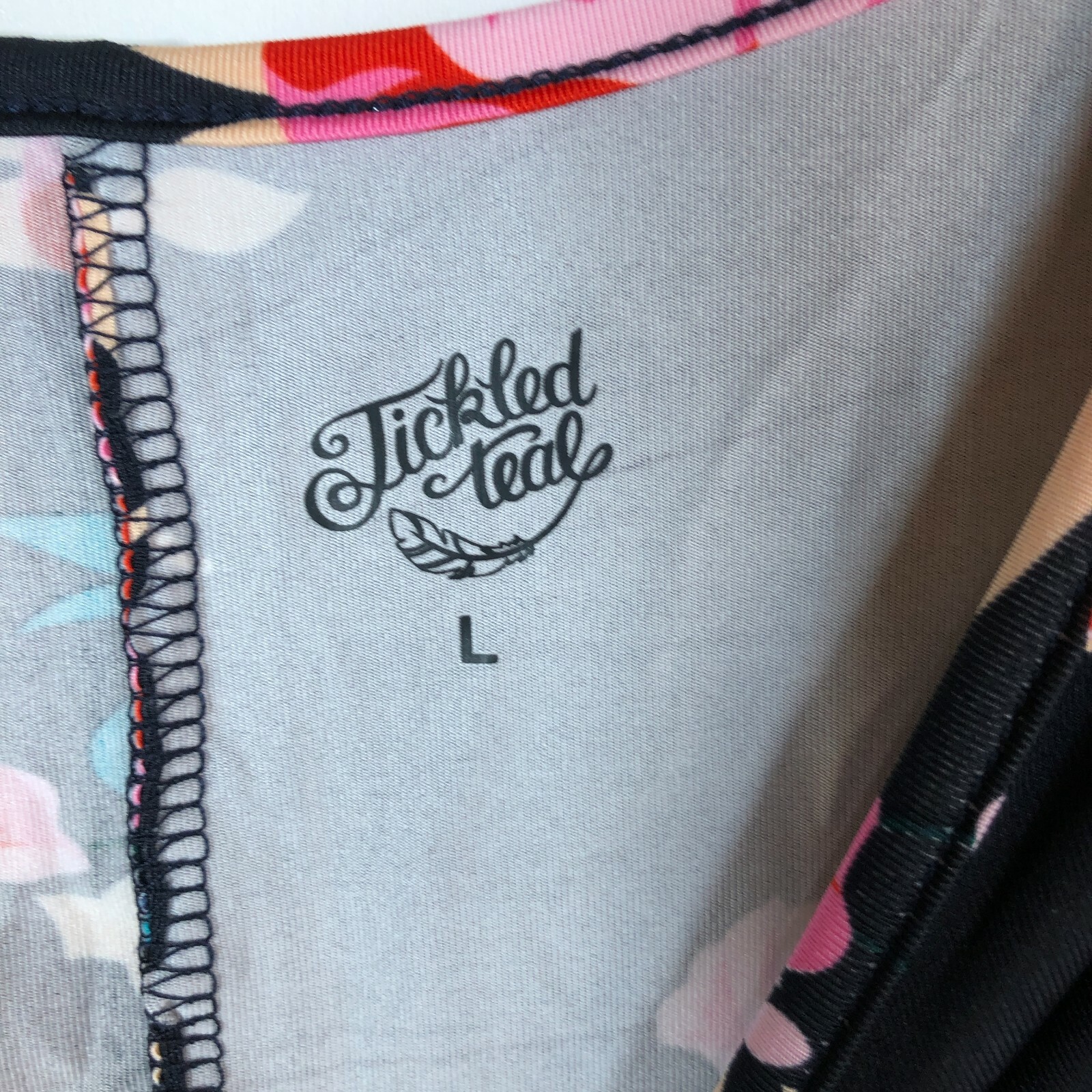 Tickled Teal Top Womens Large Black Navy Floral Shoulder-Cutout Tee Blouse