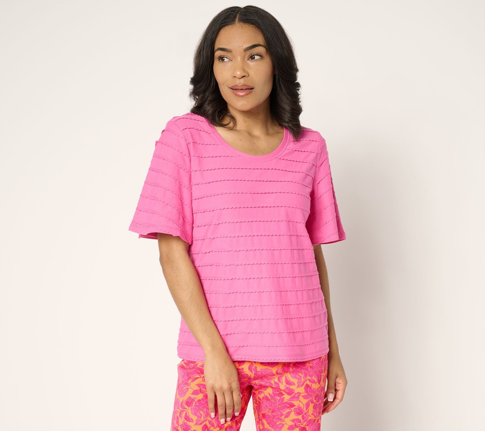 Isaac Mizrahi Live! Women’s Top Sz L Knit Stripe Scoop Neck Pink A691741